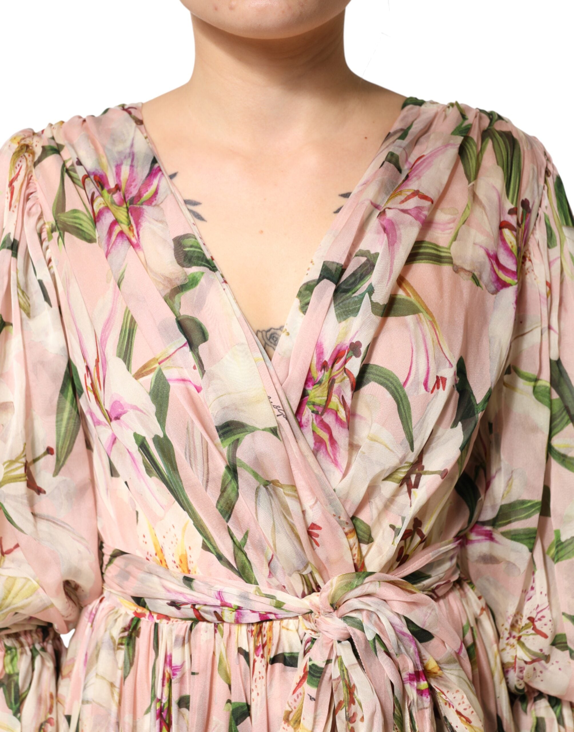 Dolce & Gabbana Pink Lily Print A-line Pleated Maxi Dress Dolce & Gabbana