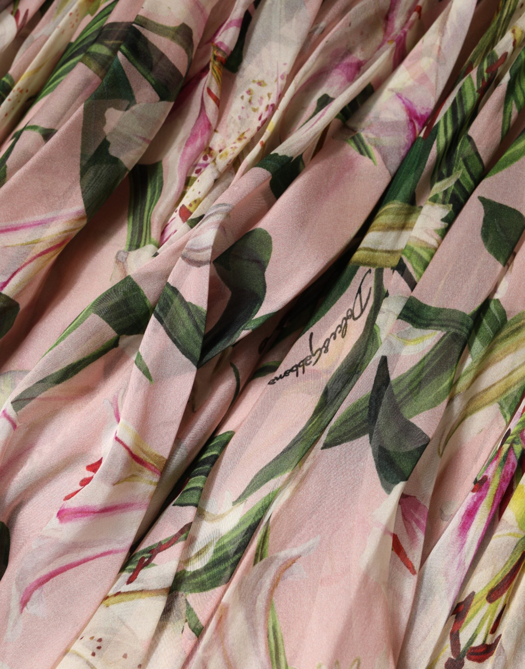 Dolce & Gabbana Pink Lily Print A-line Pleated Maxi Dress Dolce & Gabbana