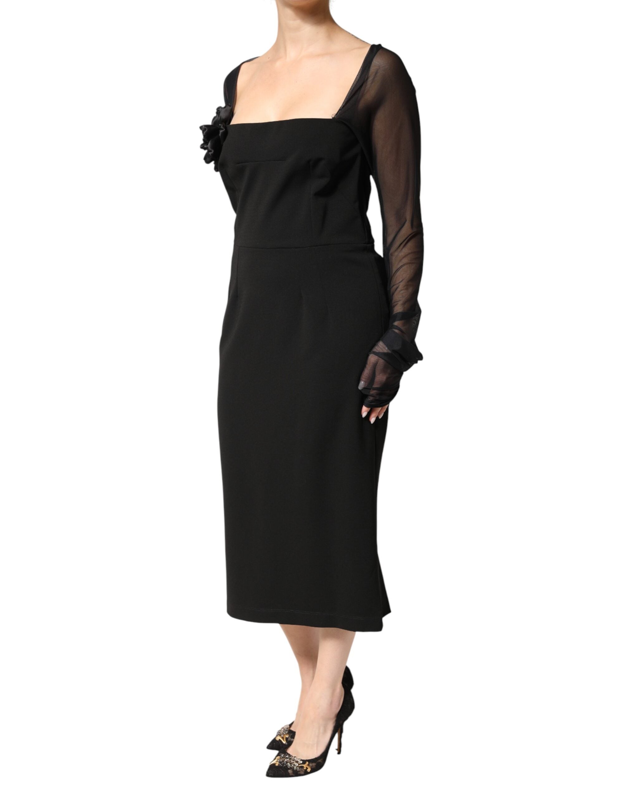 Dolce & Gabbana Black Sheer Yoke Rosette Sheath Midi Dress Dolce & Gabbana