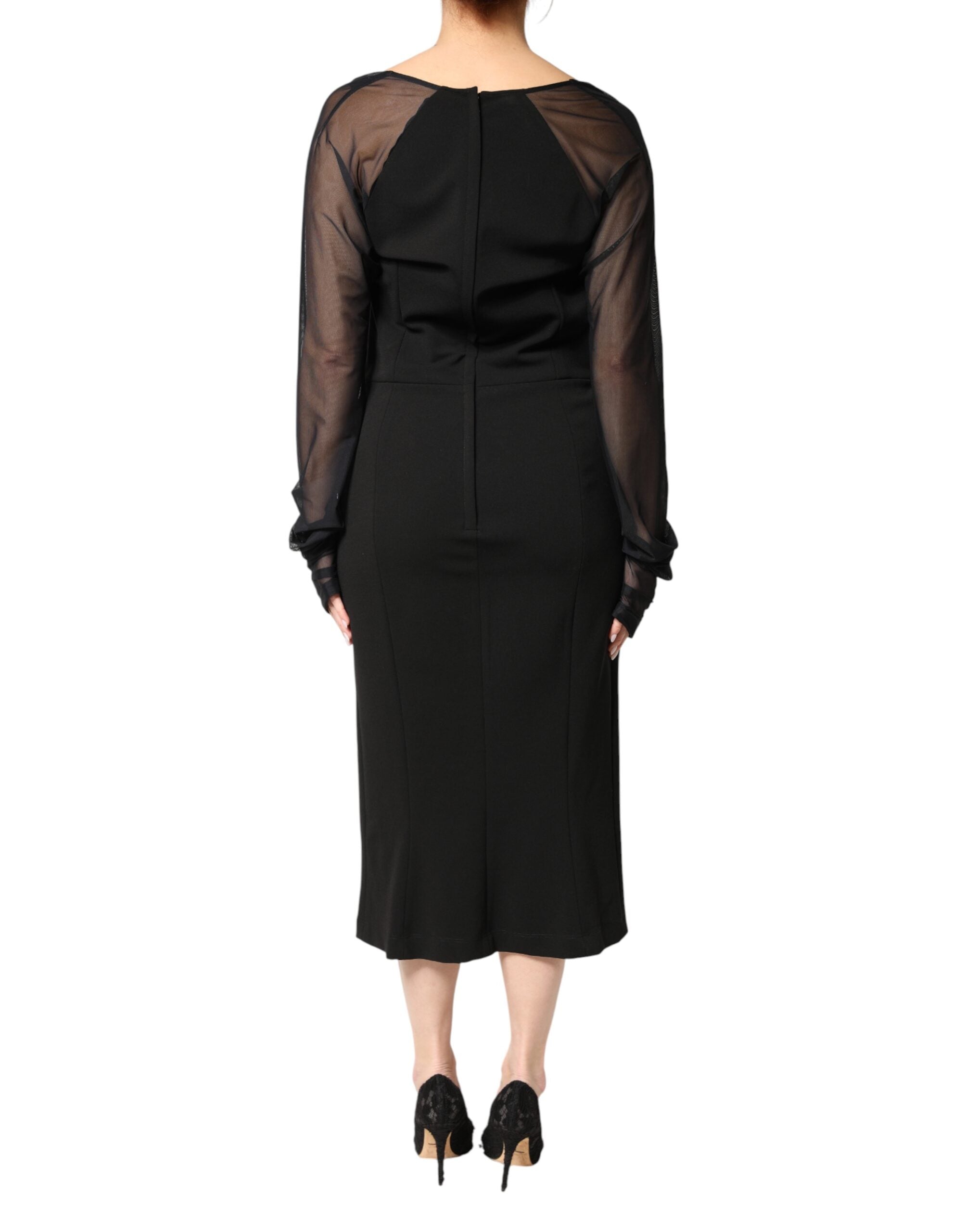 Dolce & Gabbana Black Sheer Yoke Rosette Sheath Midi Dress Dolce & Gabbana