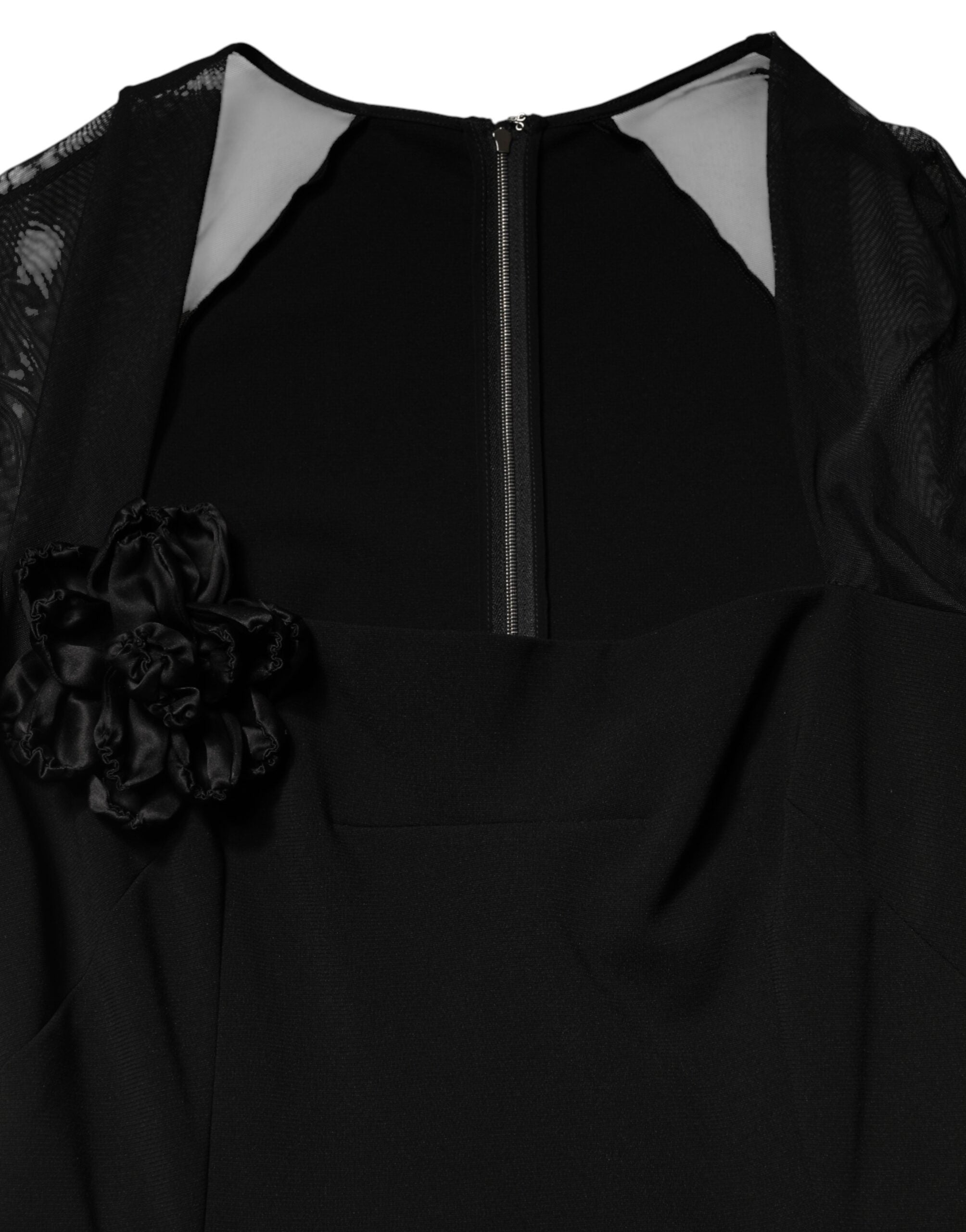 Dolce & Gabbana Black Sheer Yoke Rosette Sheath Midi Dress Dolce & Gabbana