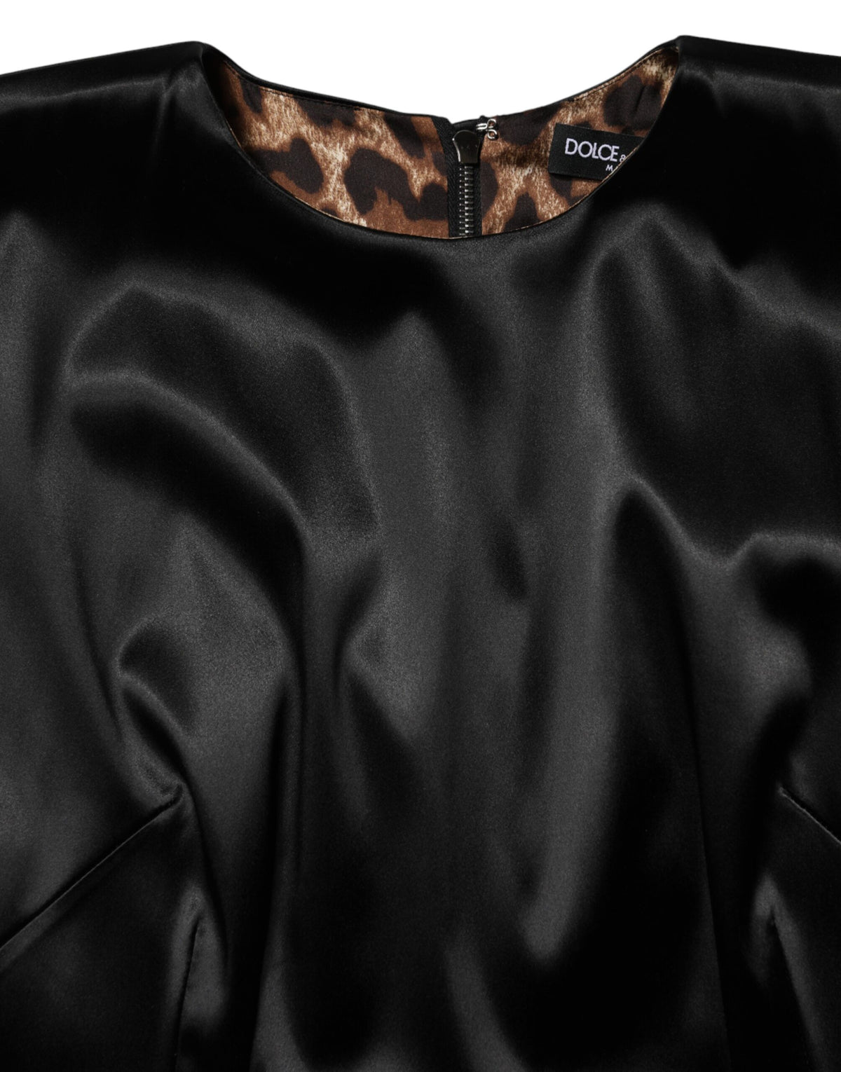 Dolce & Gabbana Black Satin Sheath Midi Cap Sleeves Dress