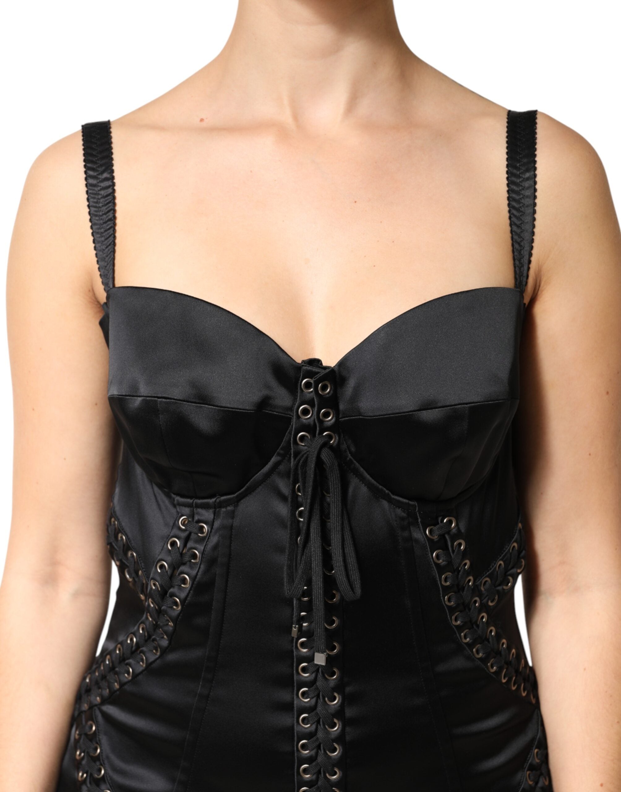 Dolce & Gabbana Black Satin Acetate Lace Eyelets Mini Dress Dolce & Gabbana
