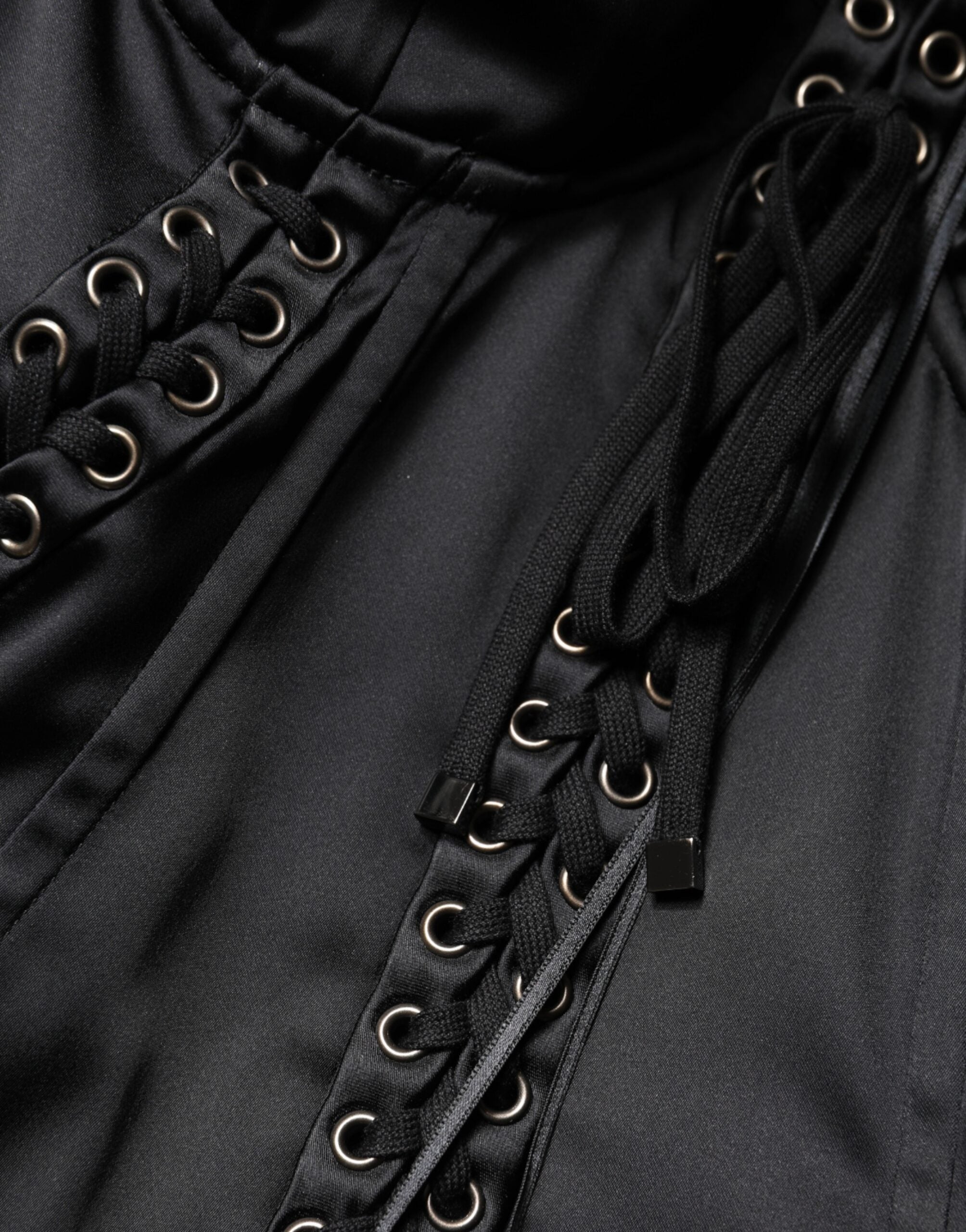 Dolce & Gabbana Black Satin Acetate Lace Eyelets Mini Dress Dolce & Gabbana