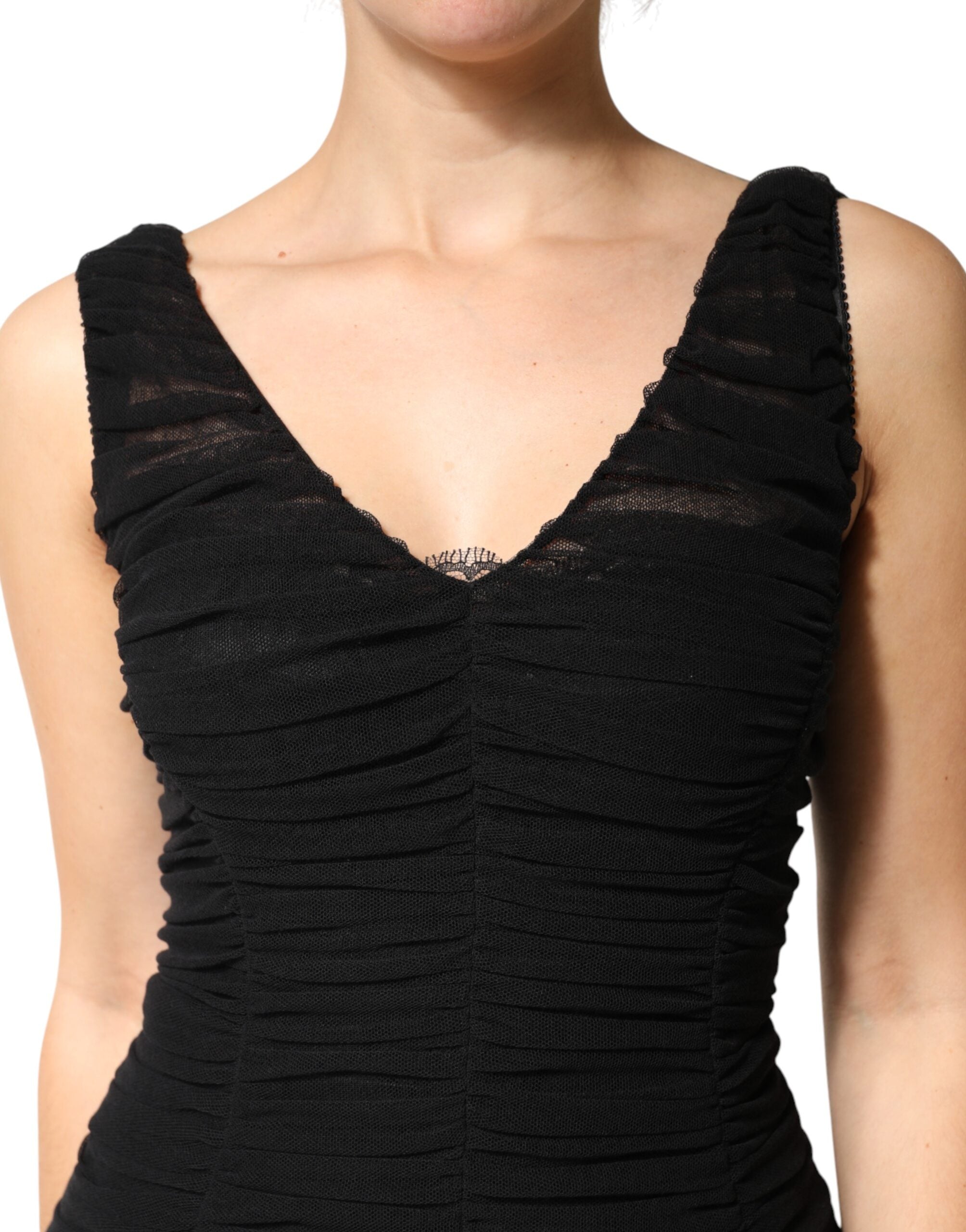 Dolce & Gabbana Black V-Neck Ruched Lace Hem Midi Dress Dolce & Gabbana