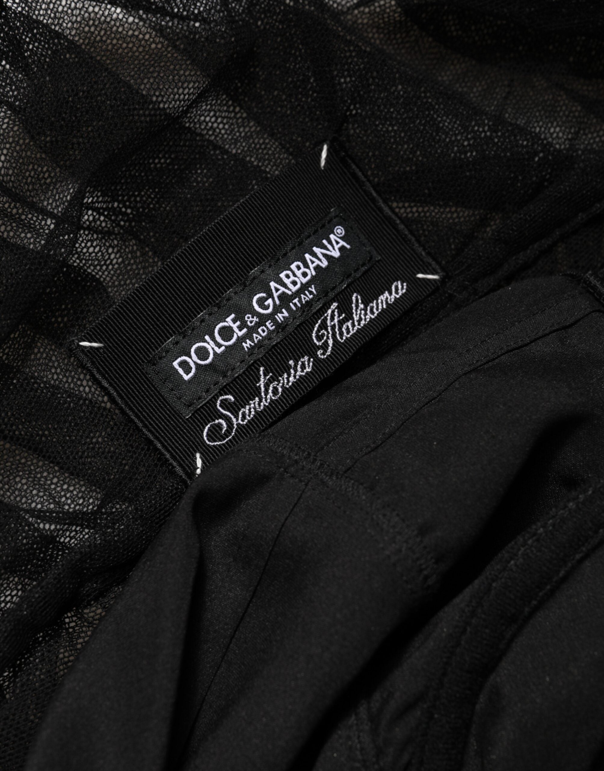 Dolce & Gabbana Black V-Neck Ruched Lace Hem Midi Dress Dolce & Gabbana