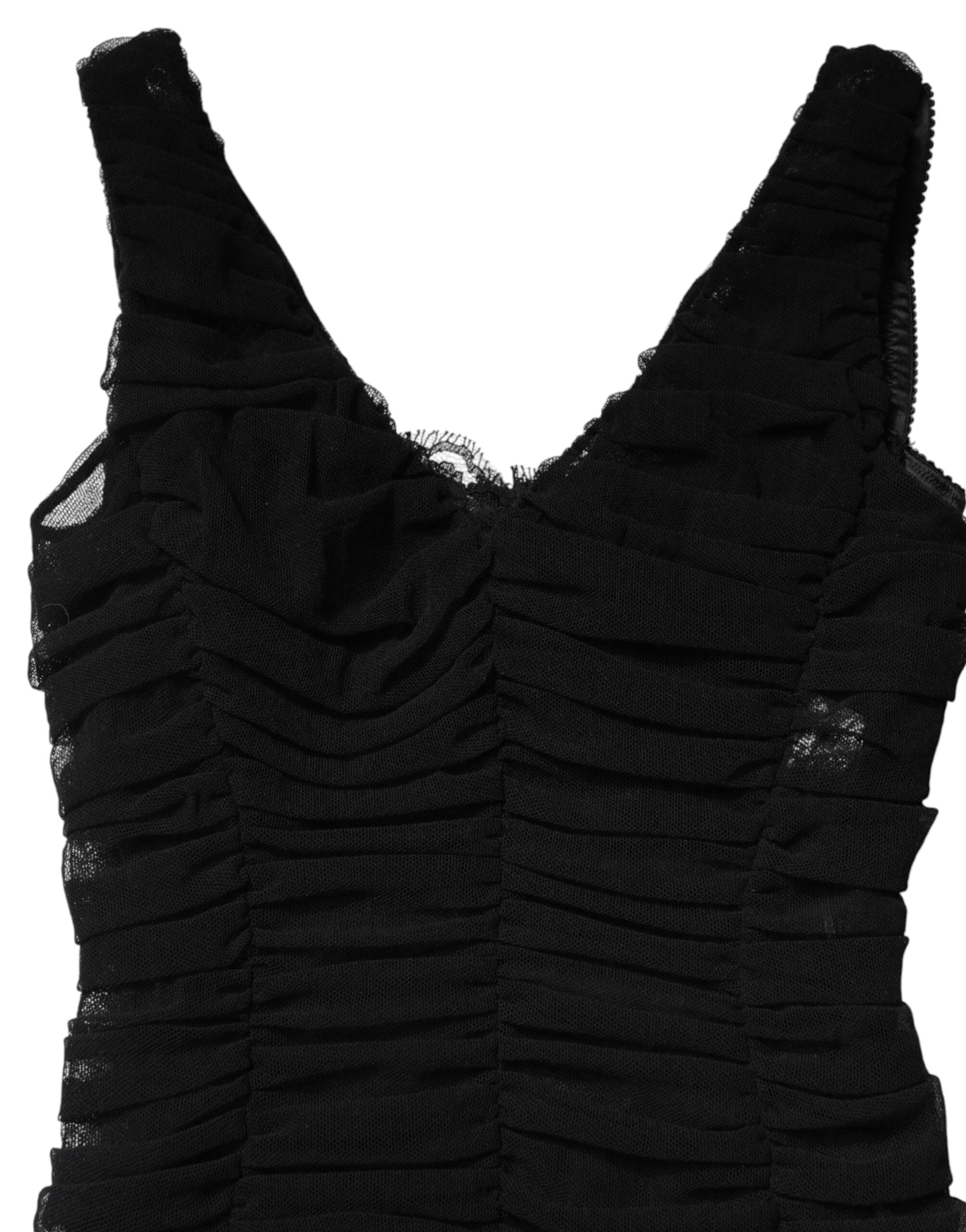 Dolce & Gabbana Black V-Neck Ruched Lace Hem Midi Dress Dolce & Gabbana