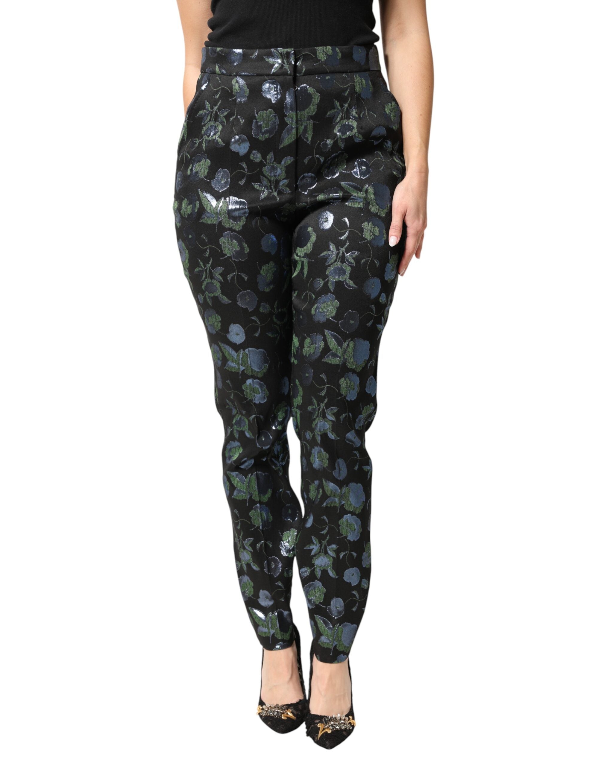 Dolce & Gabbana BlueGreen Floral Metallic Slim Trouser Pants Dolce & Gabbana