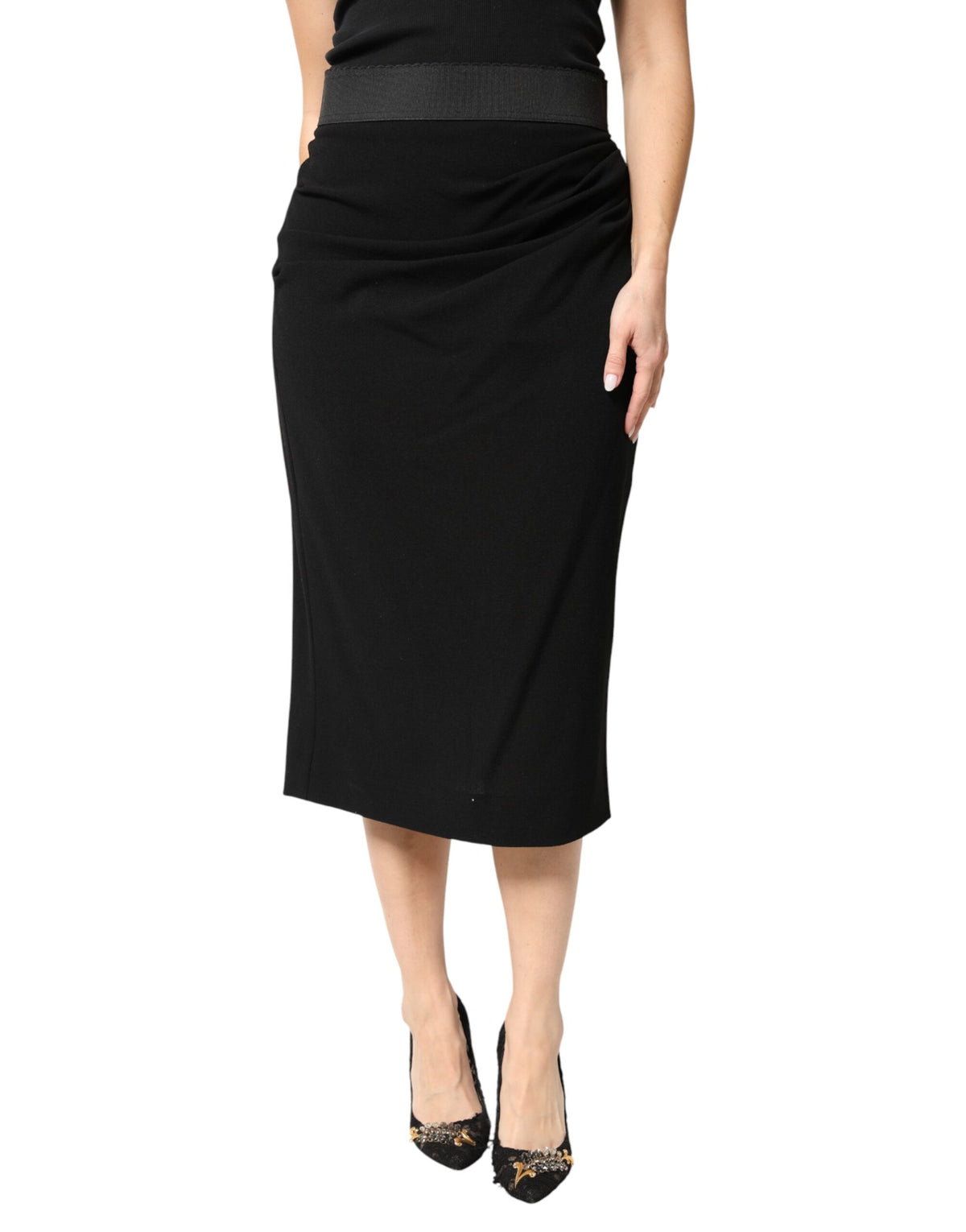 Dolce & Gabbana Black Wool High Waist Pencil Cut Midi Skirt