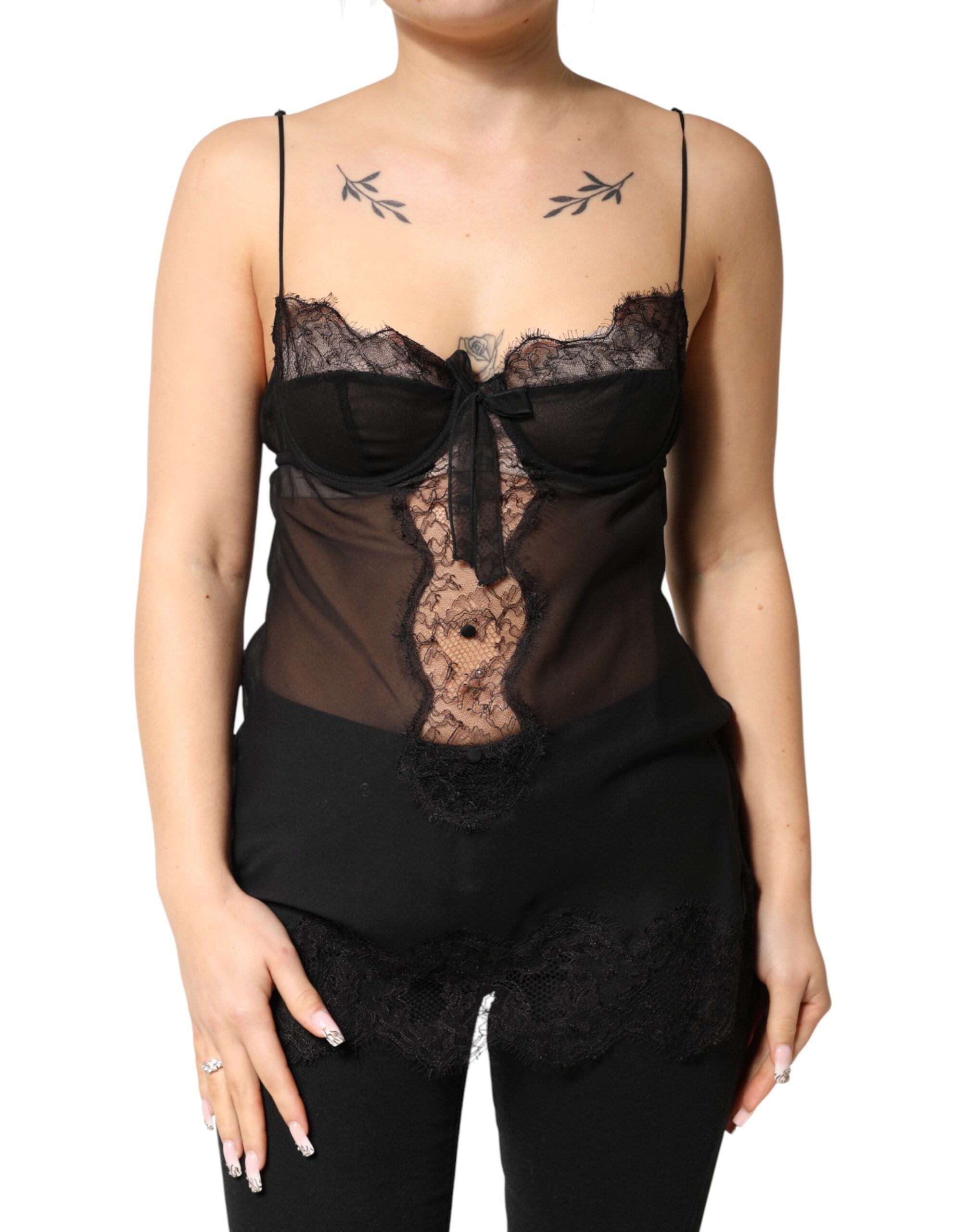 Dolce & Gabbana Black Silk Floral Lace Chemise Lingerie Top Dolce & Gabbana