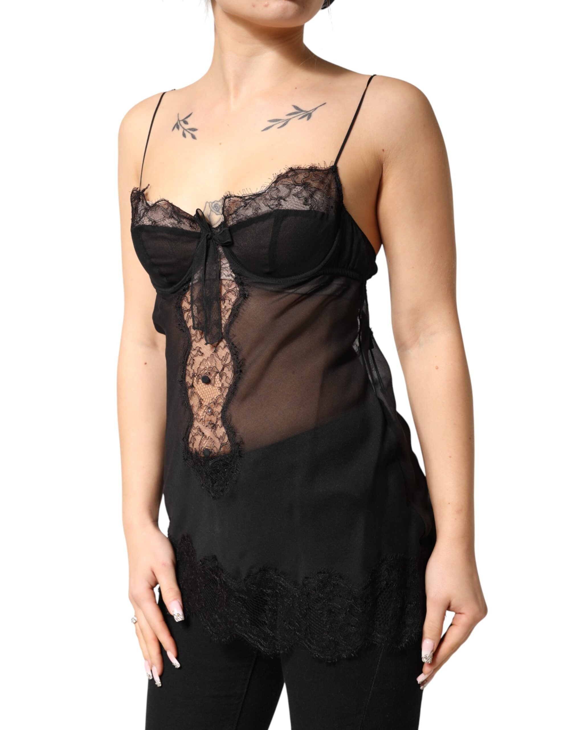 Dolce & Gabbana Black Silk Floral Lace Chemise Lingerie Top Dolce & Gabbana