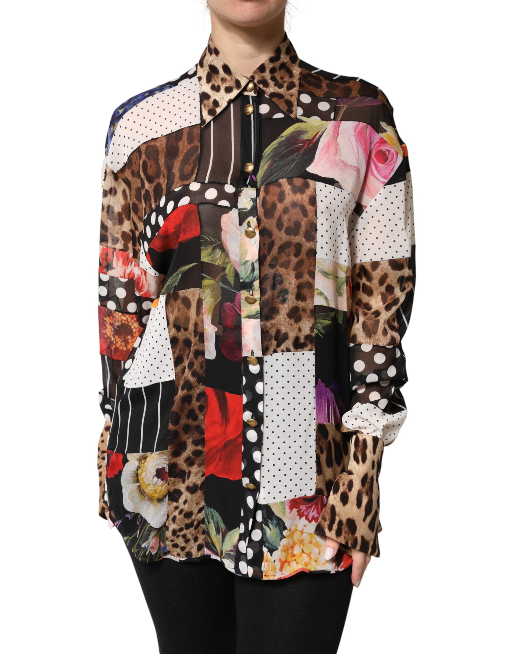 Dolce & Gabbana Multicolor Patchwork Silk CollaredBlouse Top Dolce & Gabbana