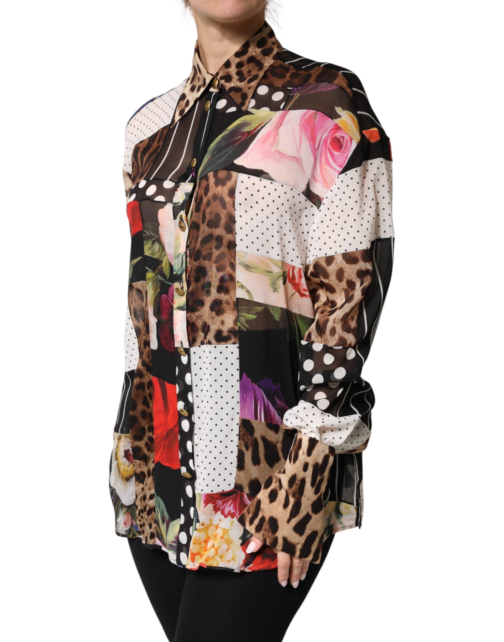Dolce & Gabbana Multicolor Patchwork Silk CollaredBlouse Top Dolce & Gabbana