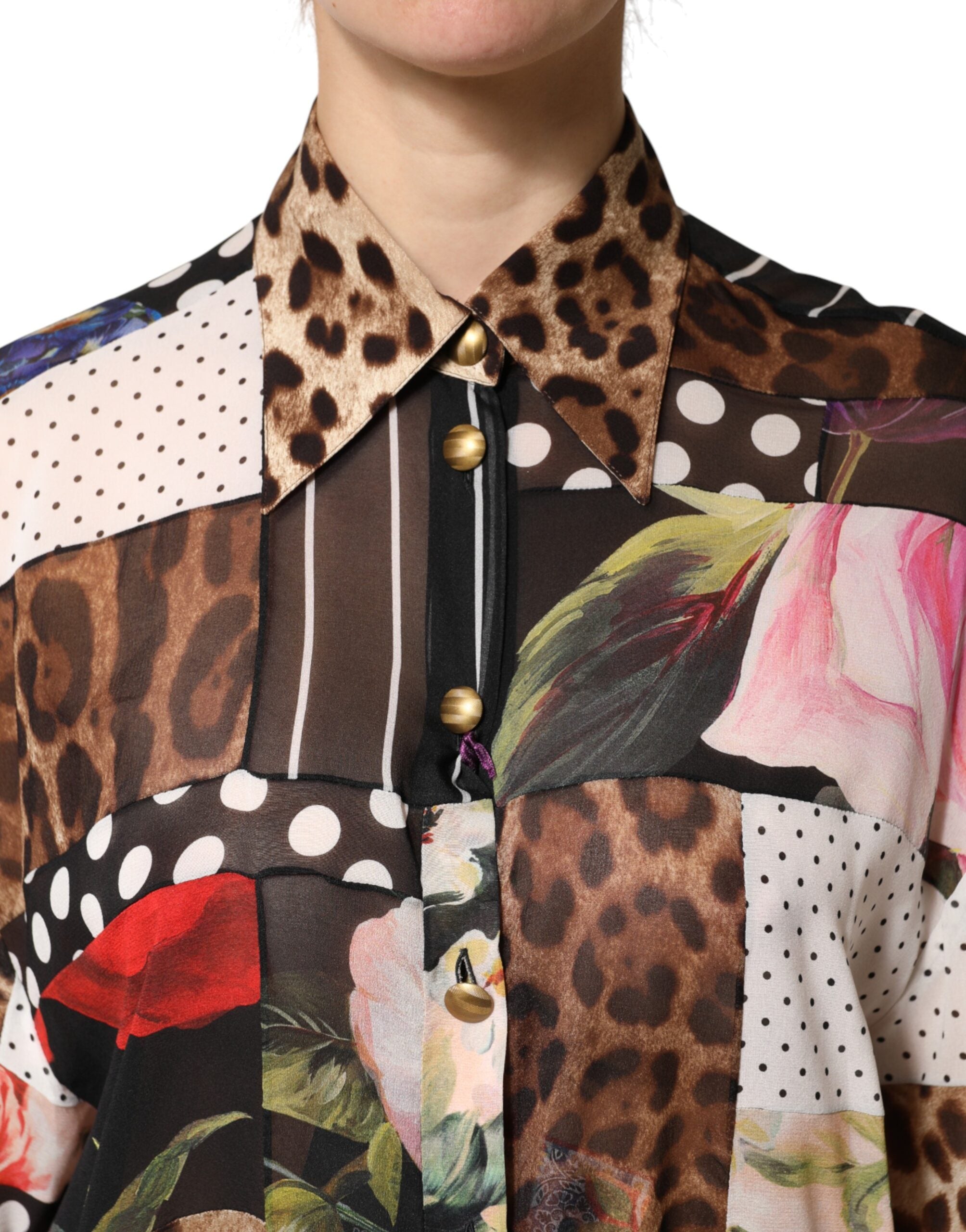 Dolce & Gabbana Multicolor Patchwork Silk CollaredBlouse Top Dolce & Gabbana