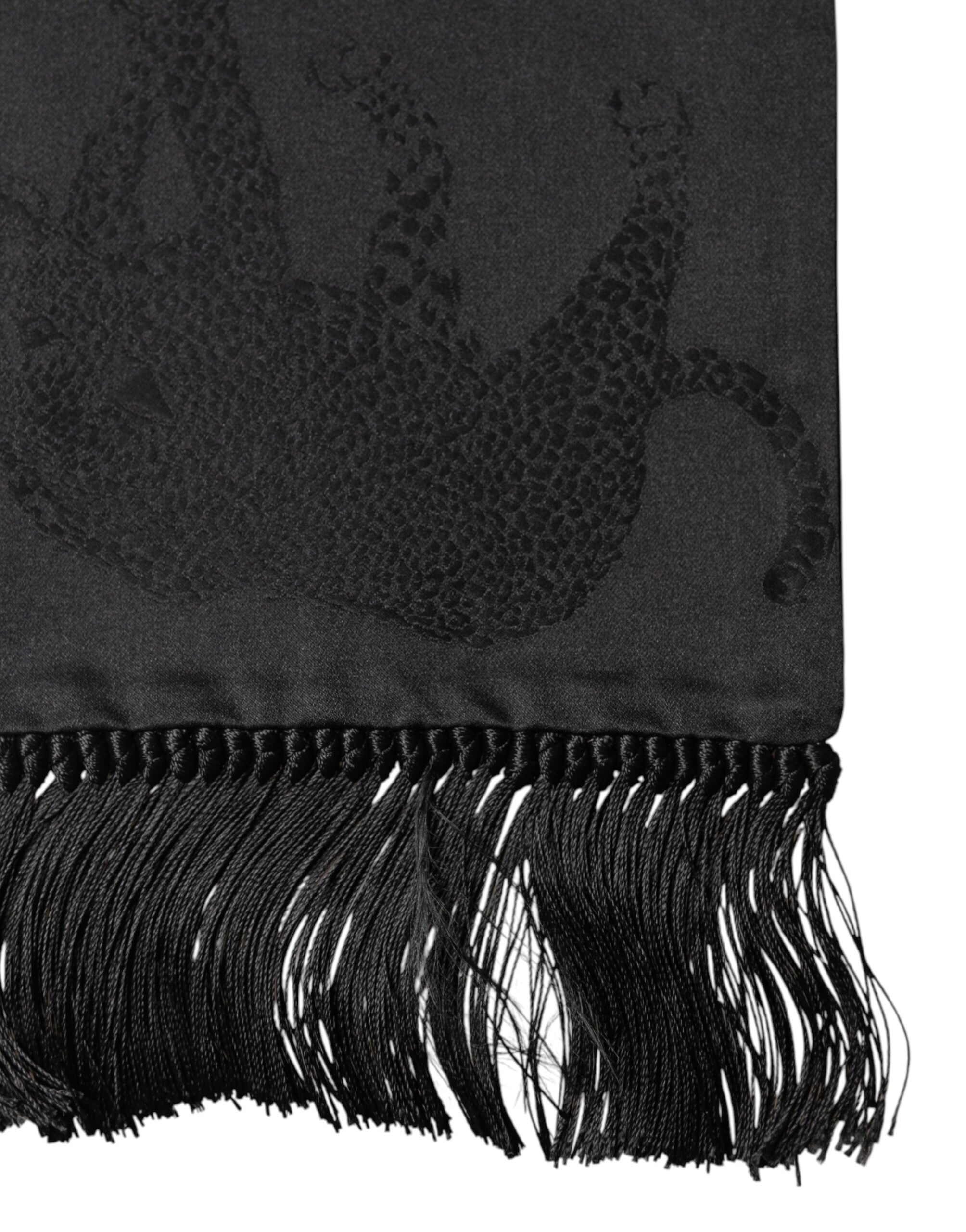 Dolce & Gabbana Black Satin Silk Fringes Neck Foulard Scarf Dolce & Gabbana