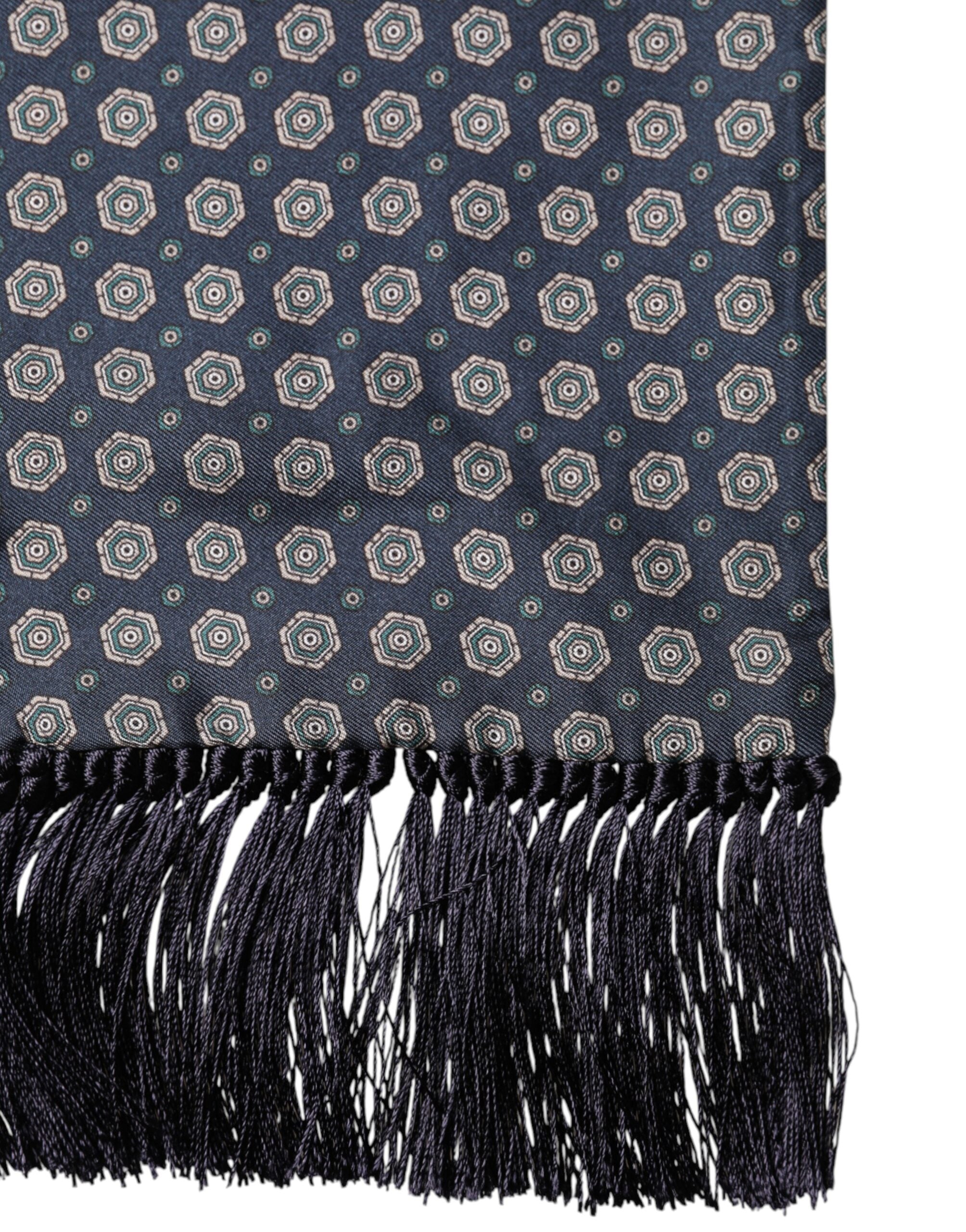 Dolce & Gabbana Blue Patterned Silk Fringes Foulard 138cm x 15.5cm Scarf Dolce & Gabbana