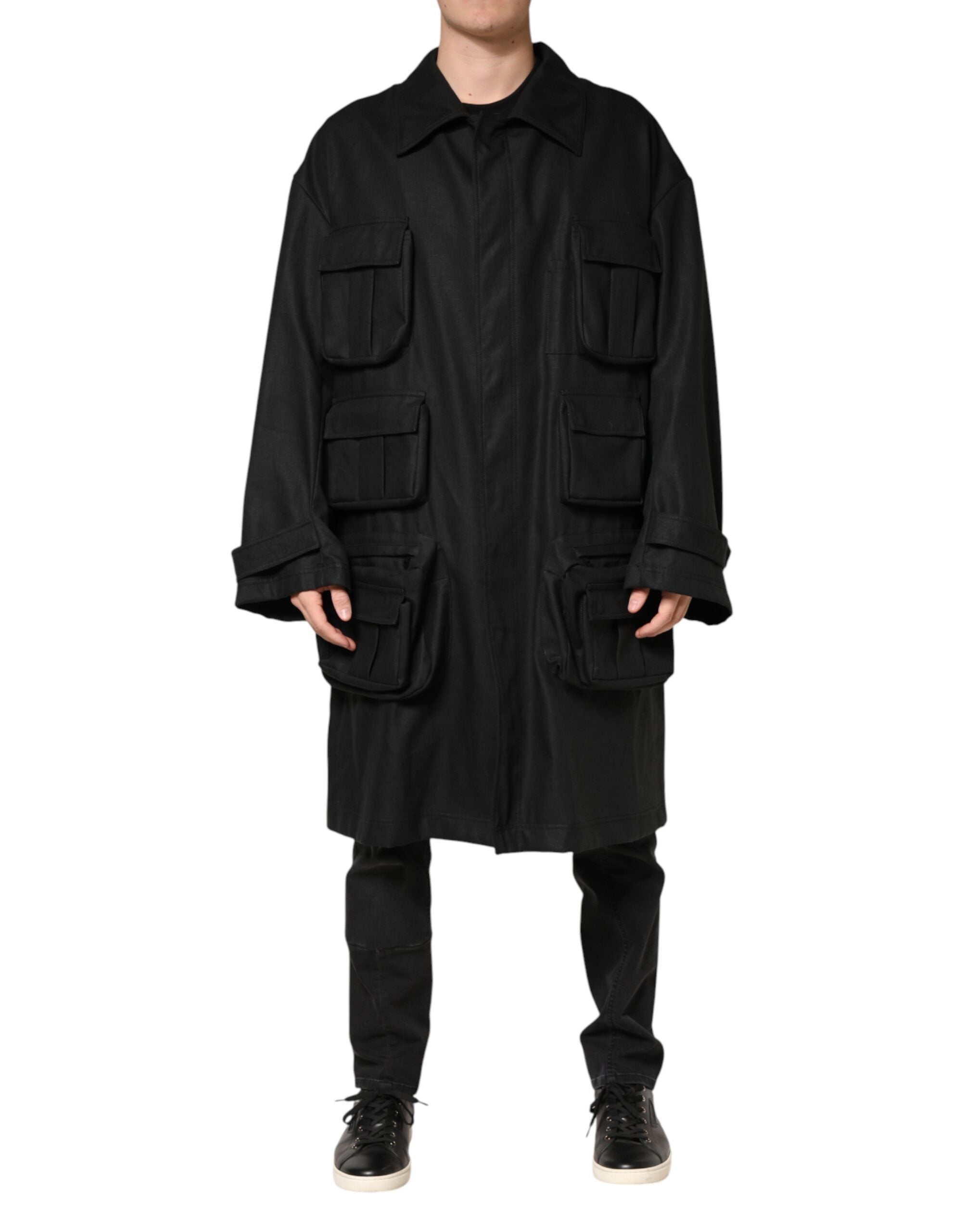 Dolce & Gabbana Black Pockets Collared Trench Coat Jacket Dolce & Gabbana