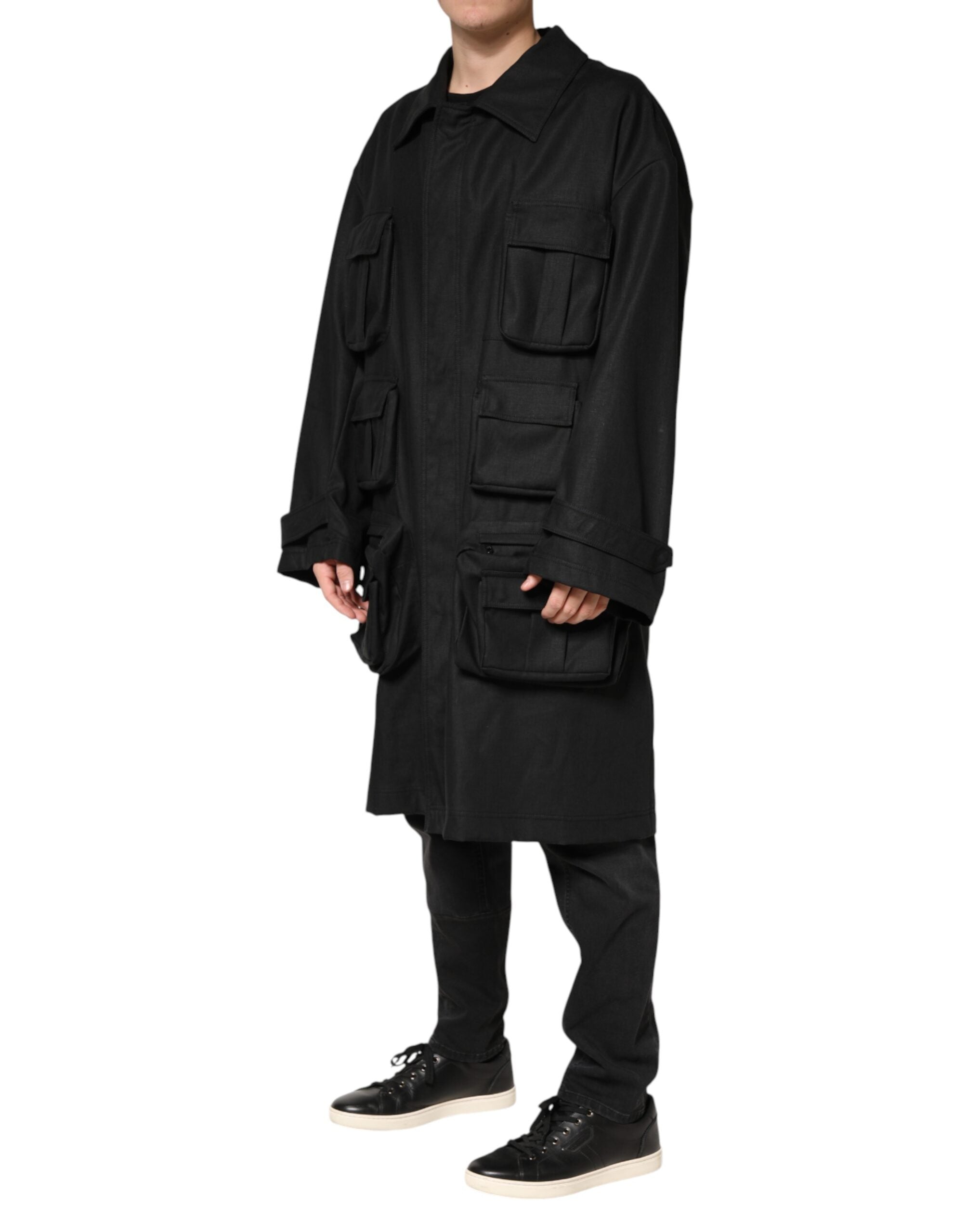 Dolce & Gabbana Black Pockets Collared Trench Coat Jacket Dolce & Gabbana