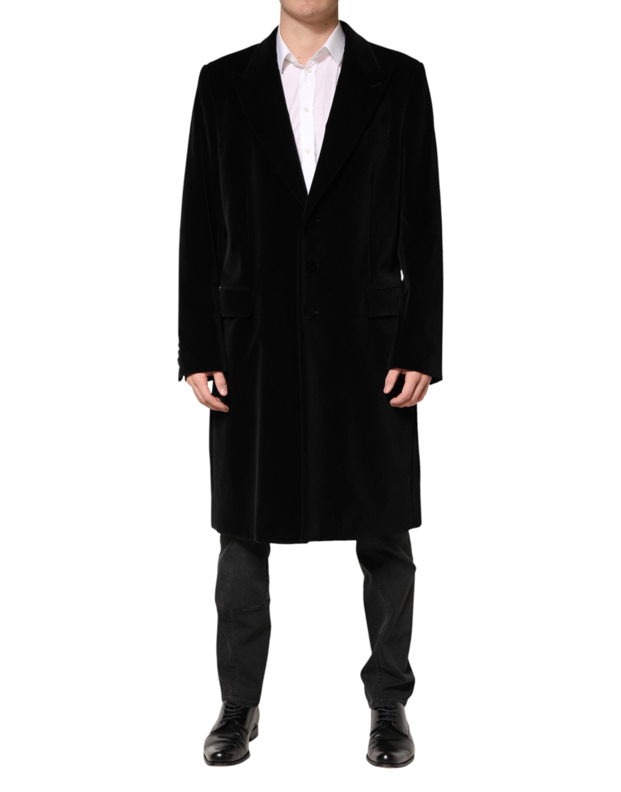 Dolce & Gabbana Black Cotton Velvet Long Trench Coat Jacket Dolce & Gabbana