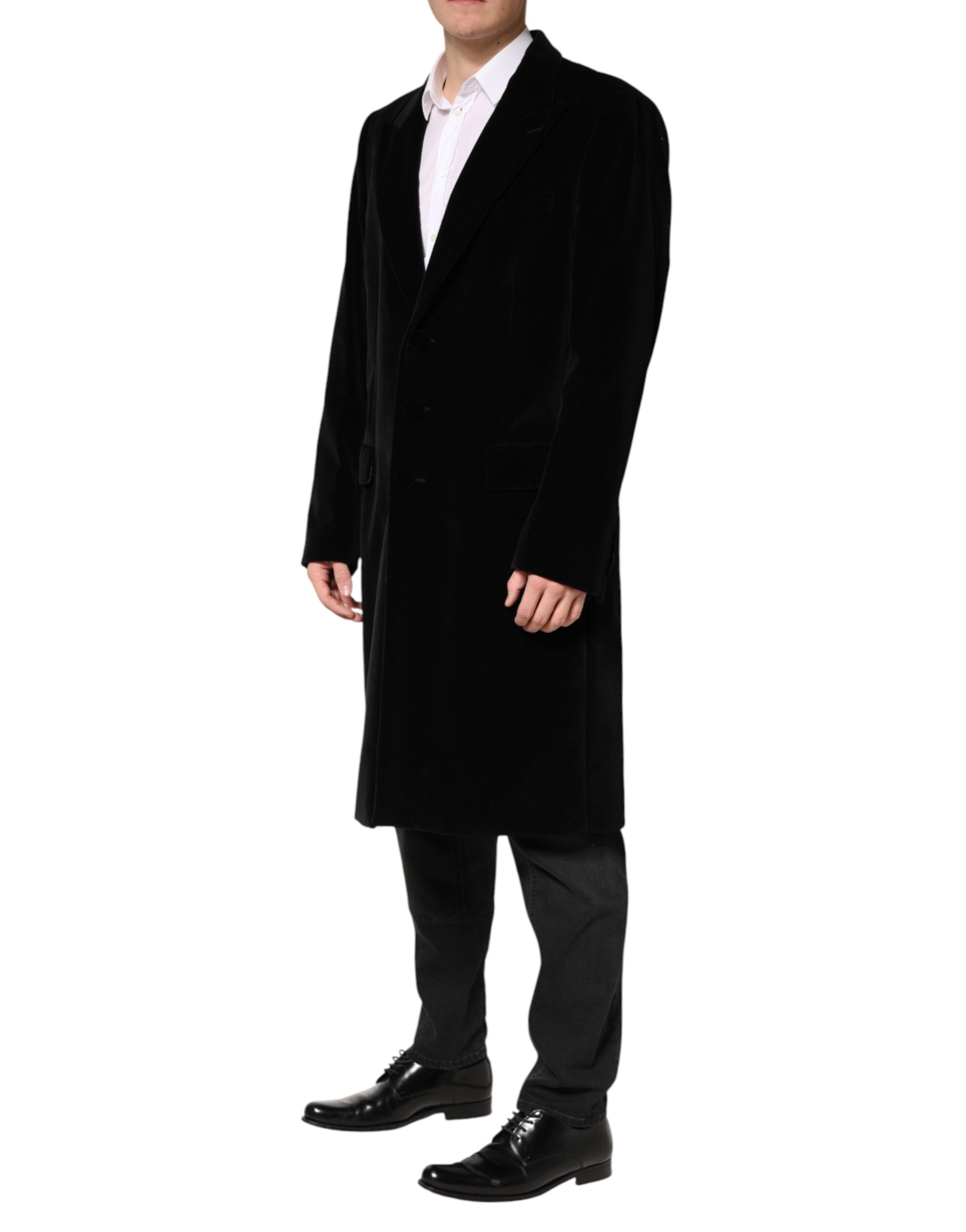 Dolce & Gabbana Black Cotton Velvet Long Trench Coat Jacket Dolce & Gabbana