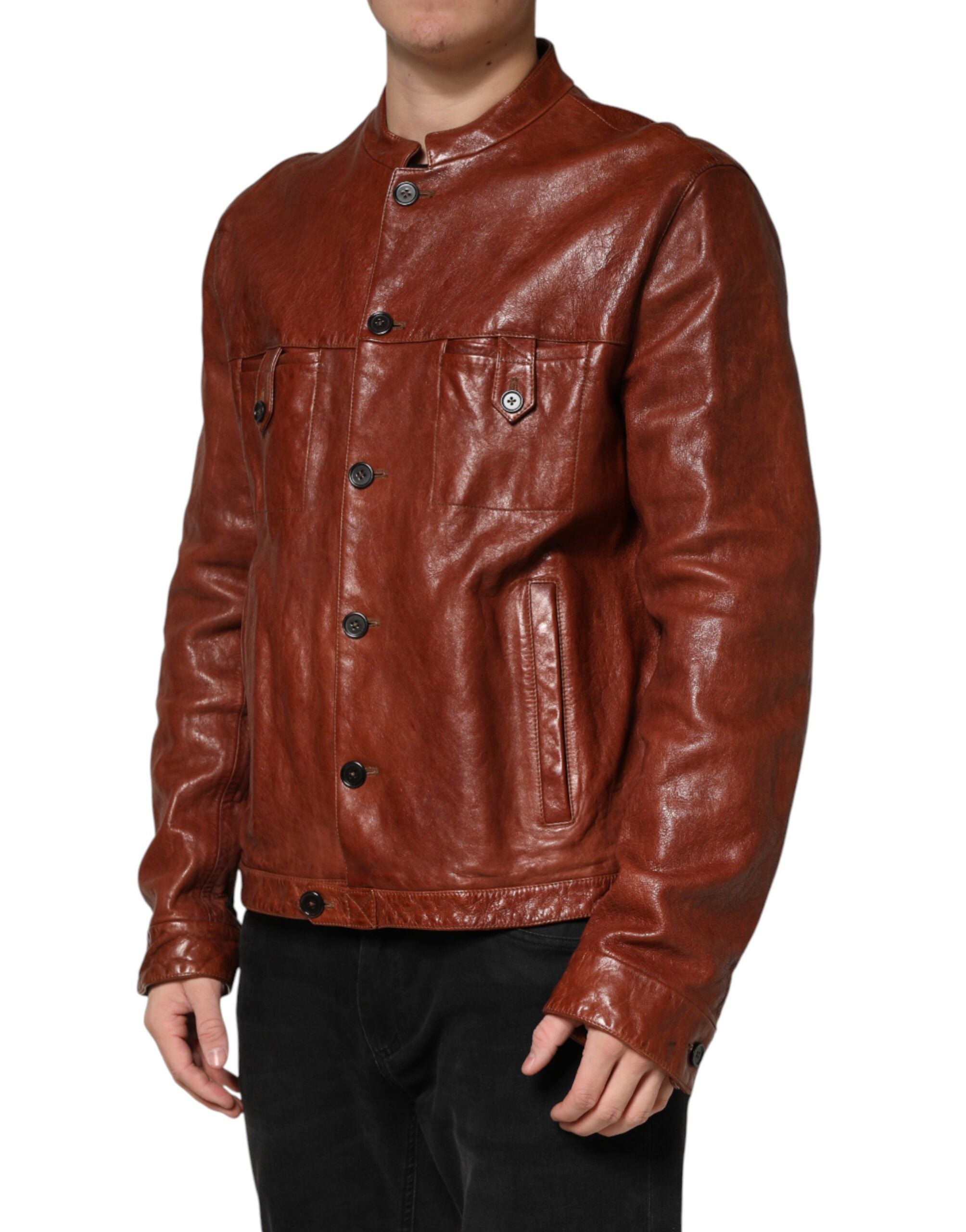 Dolce & Gabbana Brown Leather Button Down Men Biker Jacket Dolce & Gabbana