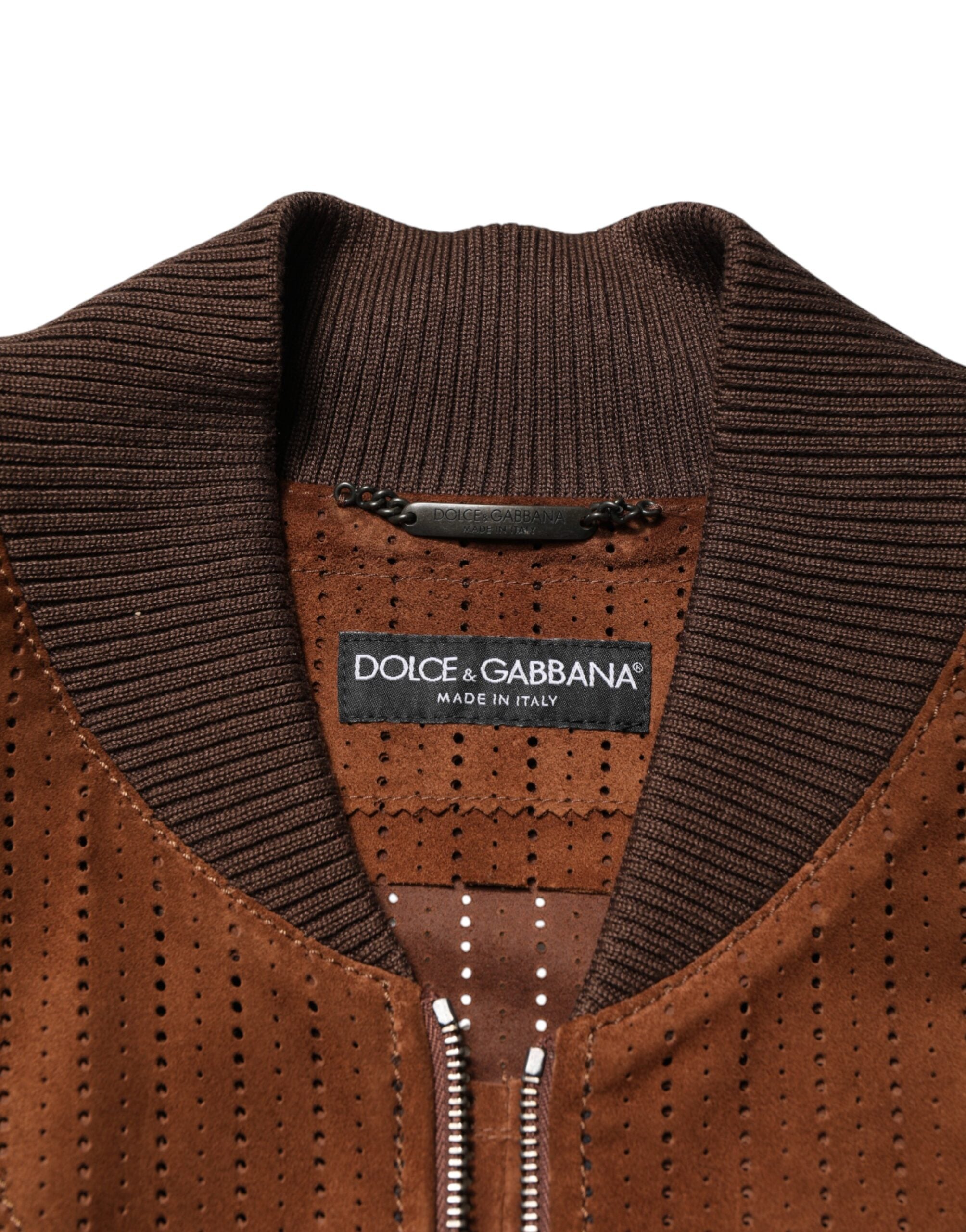 Dolce & Gabbana Brown Velvet Calfskin Full Zip Biker Jacket Dolce & Gabbana