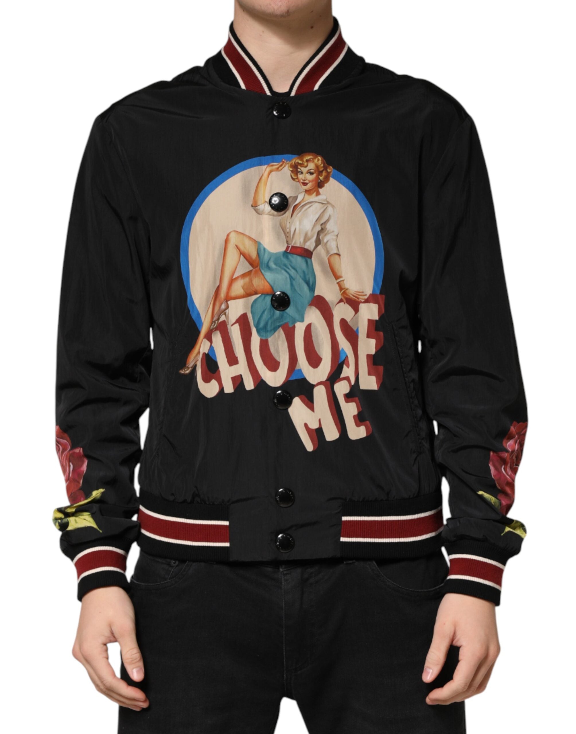 Dolce & Gabbana Black Pin Up Button Down Men Bomber Jacket Dolce & Gabbana
